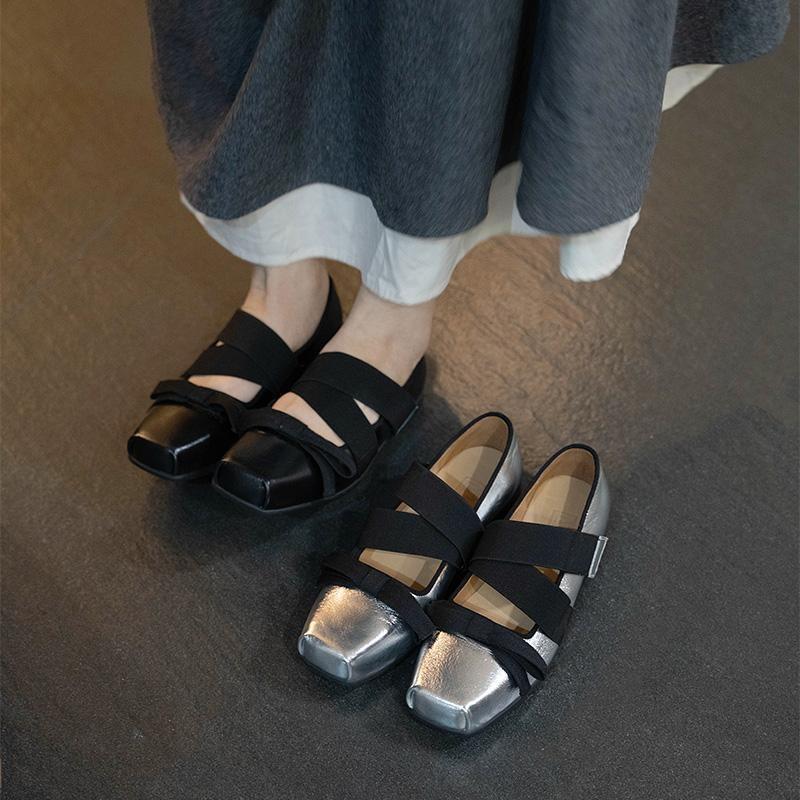 Fashion Square Toe Retro Sporty Ballet Shoes Women's Outer Wear Light Mouth Bow Lace-Up Casual Mary Jane Non-Slip Flats