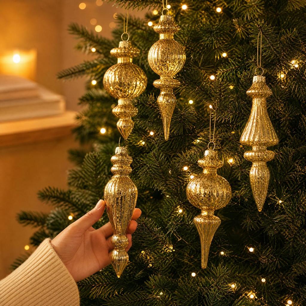 6 Pieces Glass Christmas Tree Ornament Textured Hanging with Suspended Loop Sparkling