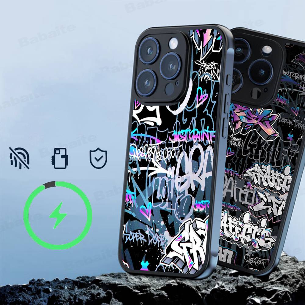 Cool Black Graffiti Phone Case For iPhone 13 14 15 11 12 16 17 Pro Max Plus For Magsafe Magnetic Shell