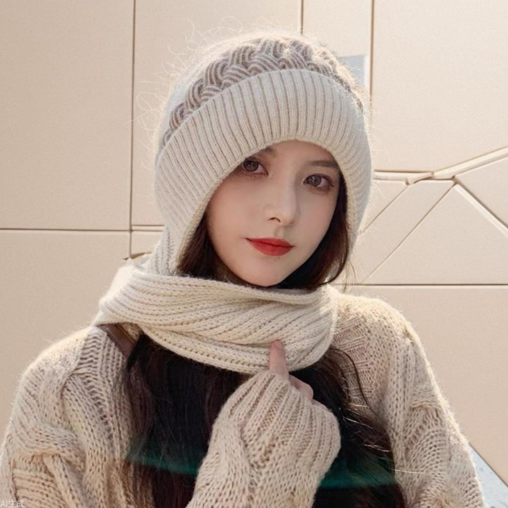 Women's Winter Knitted Hat And Scarf Set, With Pom-poms, Soft And Warm Knitted Headscarf