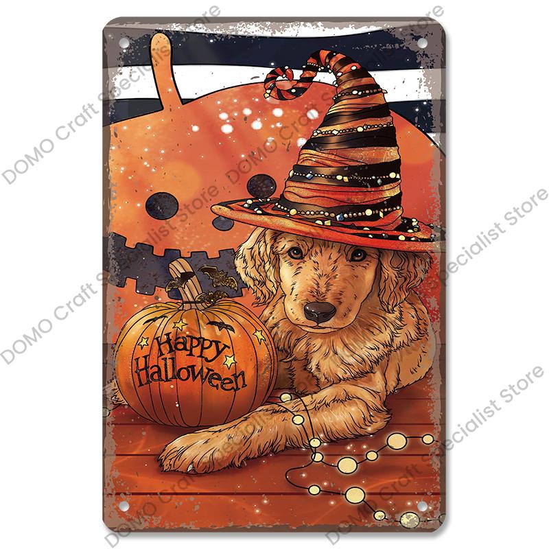 Happy Halloween Retro Poster Metal Plate Jack-O-Lantern Black Cat Witch Metal Tin Signs Vintage Halloween Party Living Room Home