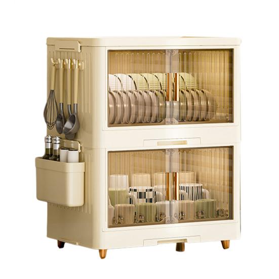 Stackable Tableware Storage Box Multi-Tier Dinnerware Organizer with Clear Lid Doors Hooks Dishes Plates Cups Storage Bins with Drainage Tray