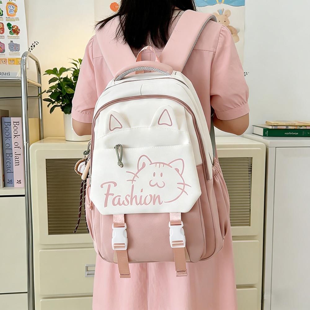 2026 New Large Capacity Nylon Backpack Student Simple Cute Cat School Bag Multifunctional Storage Pack