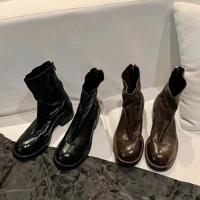 Grape mother autumn and winter new Martin boots retro thick heel rear zipper 6cm washed shrink horse leather short boots women
