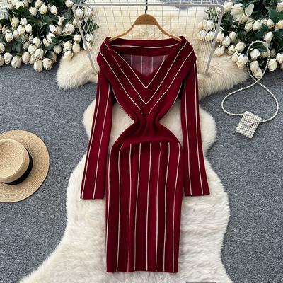 Herbst Winter Damen Casual V-Ausschnitt Langarm Gestreifter Strickpullover Slim Bodycon Etuikleider