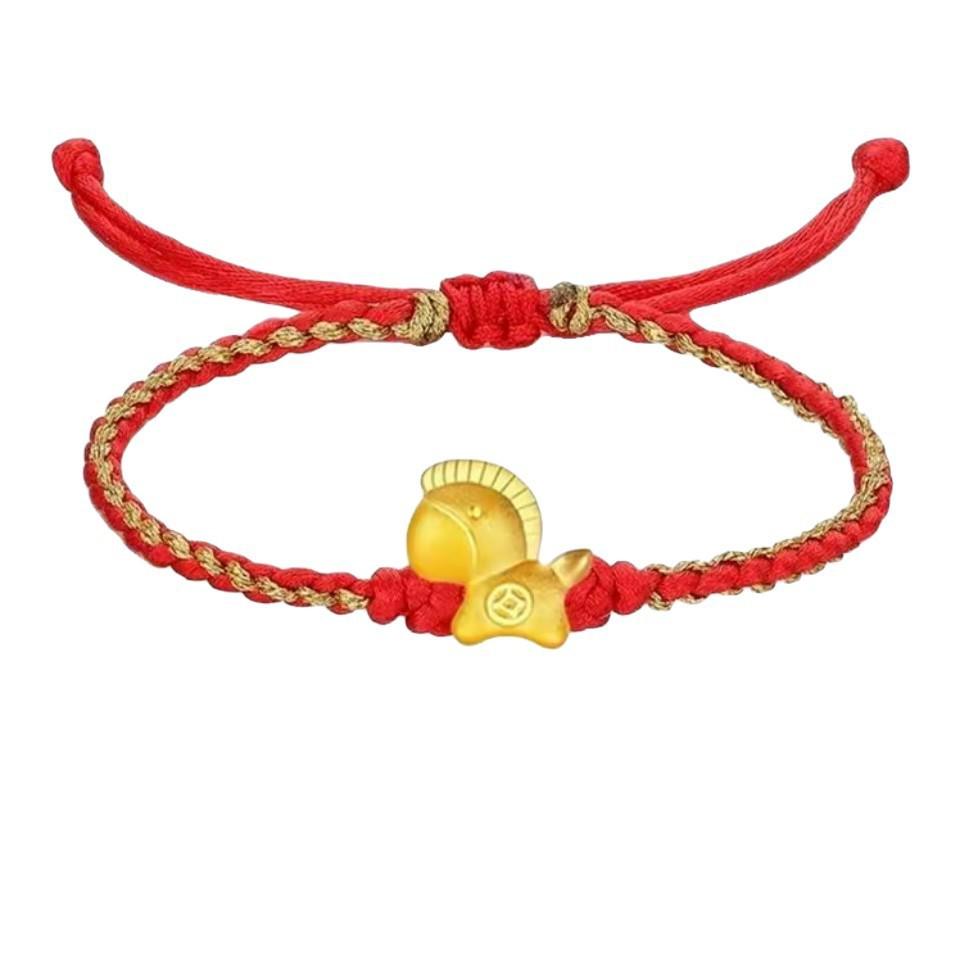 Gold 999 Zodiac Horse Charm Bracelet with Red Rope - Birth Year Gift for Girlfriend Single Gold Rope Bracelet (customizable length)