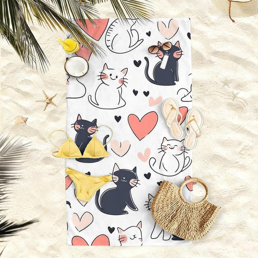 Cute Cat & Heart Print Beach Towel Kawaii Cat Lover Microfiber Towel For Summer Beach, Pool & Travel Use