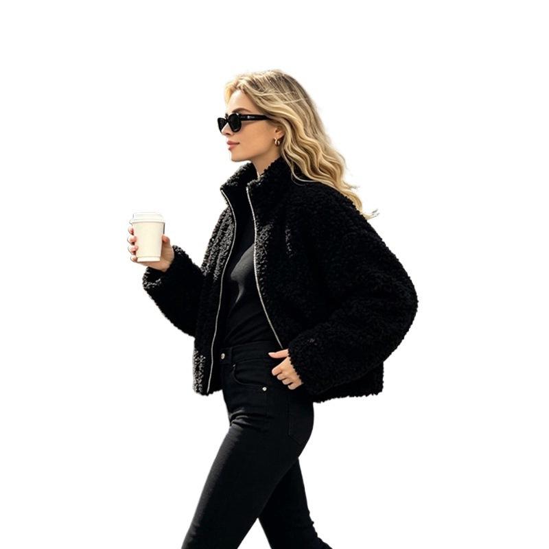 British casual coat lamb wool stand-up collar fur integrated short coat women's autumn and winter hem drawstring thin top