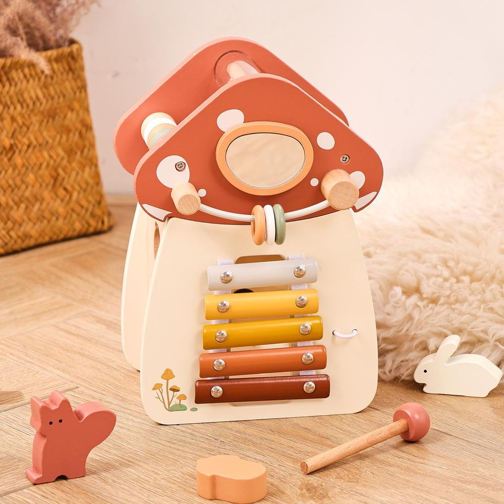 Baby Montessori Wooden Toys Educational Wooden Blocks Shape Pairing Mushroom Busy Box Toys for Kids Musical Percussion Toys