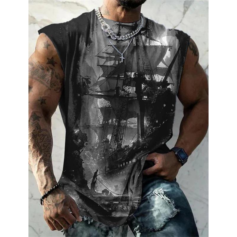 Men\'s Bottom Shirt Pattern Boat Rudder V-Neck 3D Outdoor Street Sleeveless Printed Clothing Athletic Casual Big & Tall Tank Top