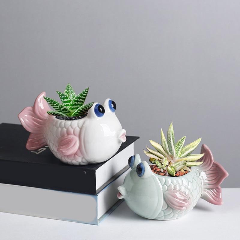 Fish Plant Pot Flowerpot Garden Pot Ceramic Fleshy Plant Pot Planter Plant Holder for Home Office Desk Mini Ornament