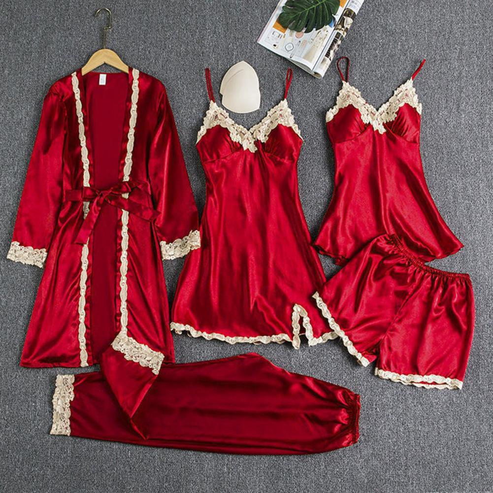 5 Stück/Set Damen Sexy Pyjama-Set Seidiges Satin Spitzen-Nachthemd Locker Schnürung an der Taille Hausanzug Schlafanzug