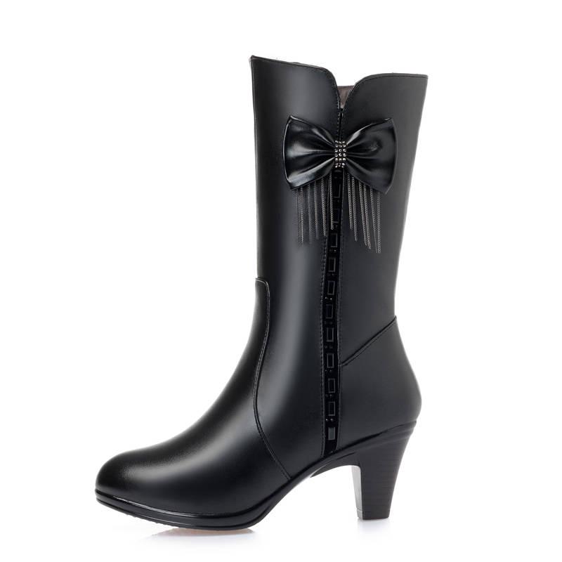 Ladies Shoes Side Zip Mid-Calf Women's Boots Keep Warm Modern Boots Women Bow Tie Fringe Round Toe Med Heel PU Shoes Women