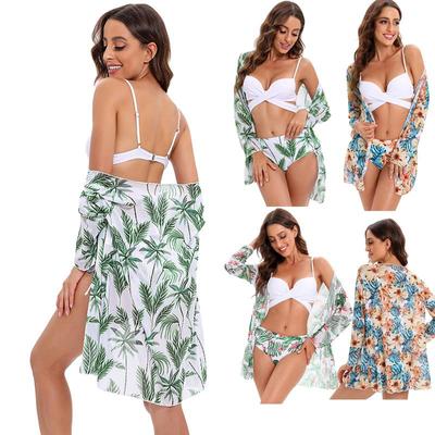 Conjunto de Bikini Estampado Floral para Mujer Traje de Baño Cintura Torcida Manga Larga Cubre Traje Tres Piezas Verano Playa Traje de Baño
