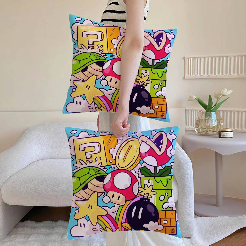 

Super Cute Style M-Mario Game Pillow Case Anti-dustmite Pillowcase Invisible zipper silky Sofa cushion cover 12x12Inch