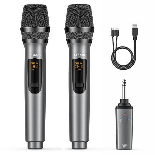 Microphone Dynamique Sans Fil Rechargeable LEKATO, Microphone à Main UHF avec Mini Récepteur, Idéal pour les Réunions, le Karaoké et les Fêtes à Domicile (Lot de 2)