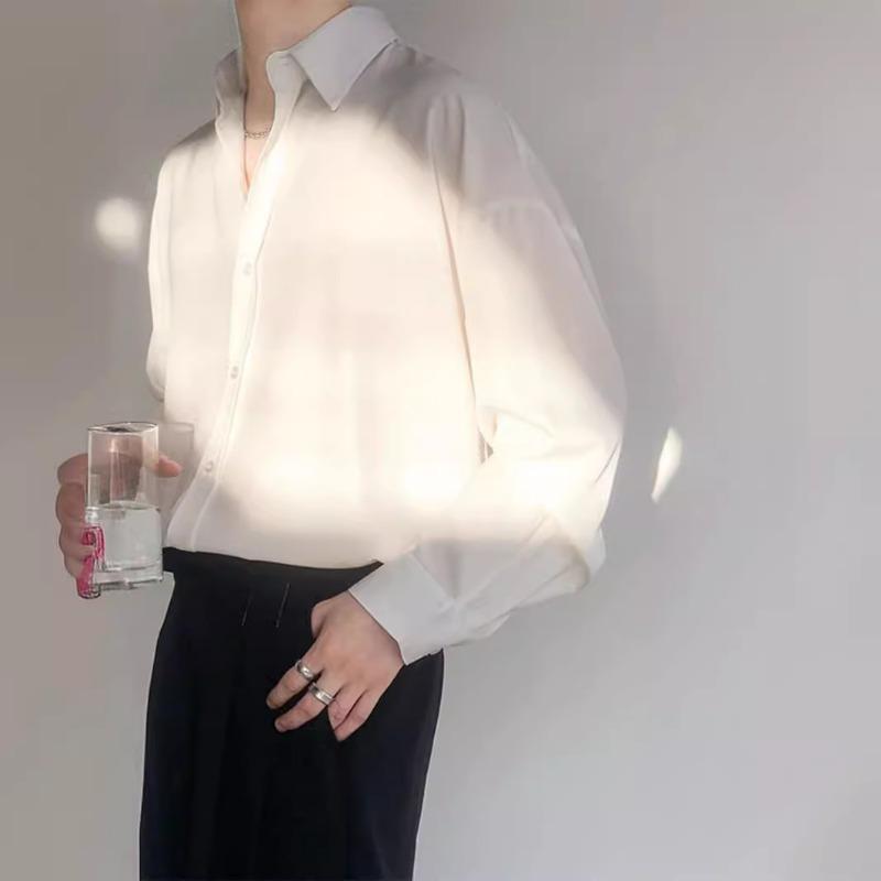 

Men s Loose Fit Satin Long Sleeve Shirt - Casual Turn Down Collar Smooth Top for Street Style M білий