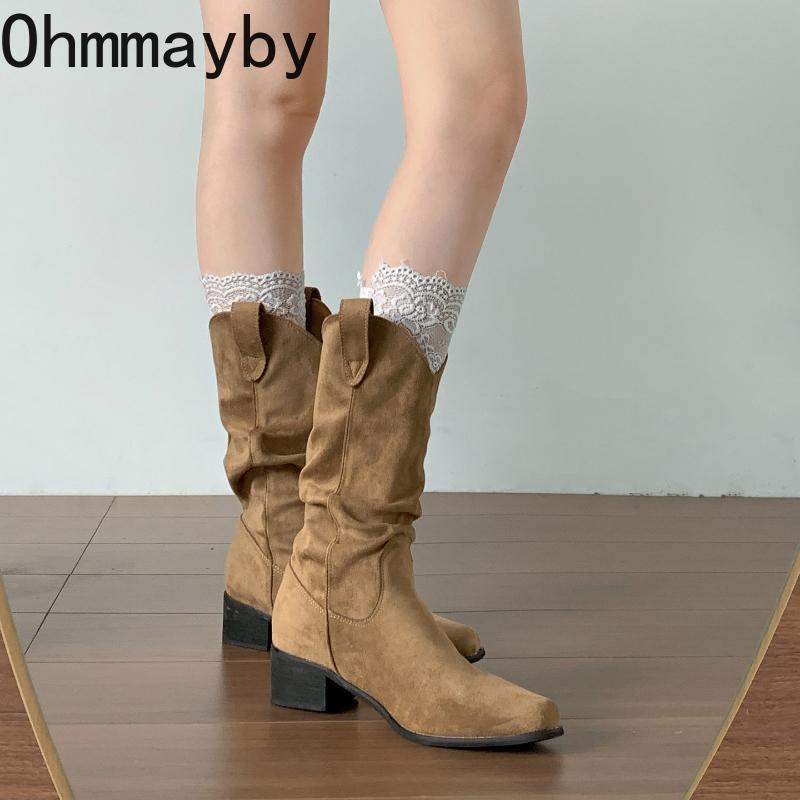 Winter Pleated Women Western Ankle Boots Fashion Pointed Toe Slip On Shoes Ladies Concise Vintage Thick Heel Short Booties