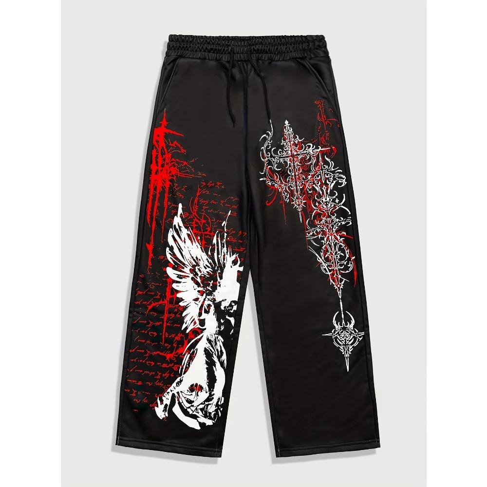 Dark Gothic Style Red and Black Printed Oversized Loose Hanging Wing Cross Pattern Men s and Women s Pants S