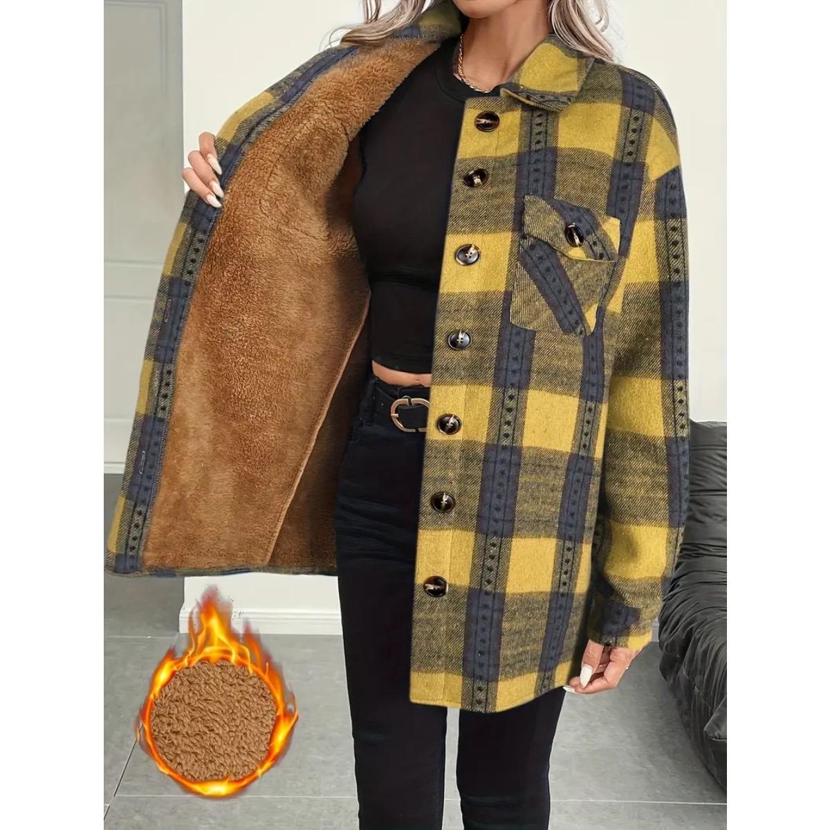 

Autumn Winter Fleece Lined Women s Plaid Lapel Jacket Casual Loose Long Sleeve Blouse Commute Outerwear XXL