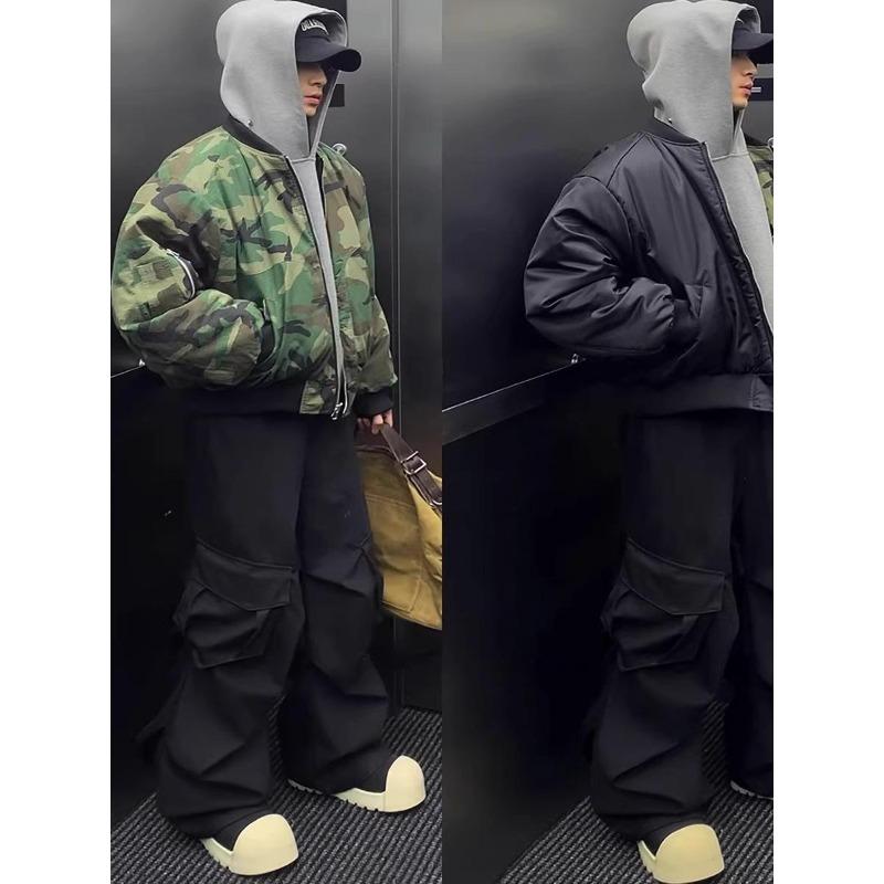 Unisex Camouflage Reversible Winter Bomber Jacket: Thickened Cotton Short Coat