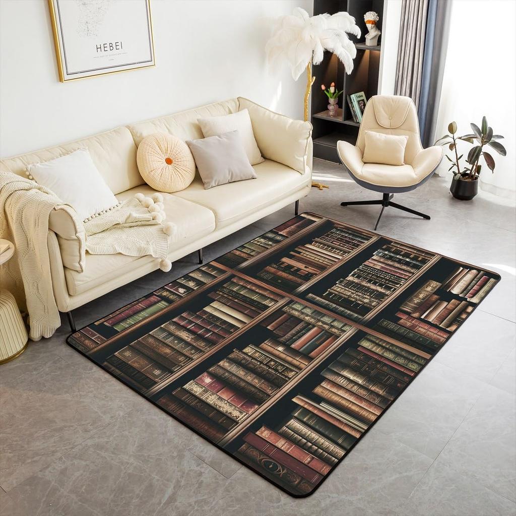 Bookshelf Area Rug for Teen Study Room Decor Library Book Print Carpet Vintage Bookshelf Living Room Doormat Bookcase Floor Mat