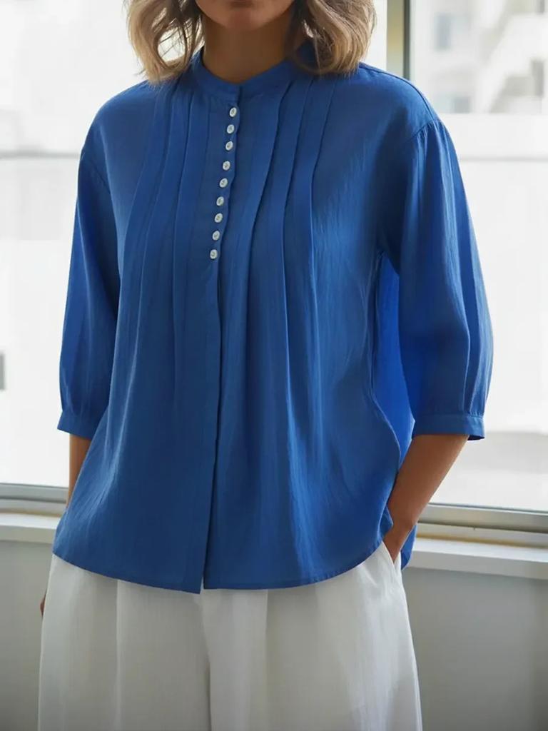 Spring and Summer New European Beautiful Women's Pure Cotton Shirt Solid Color Casual Button Pleated Shirt Women