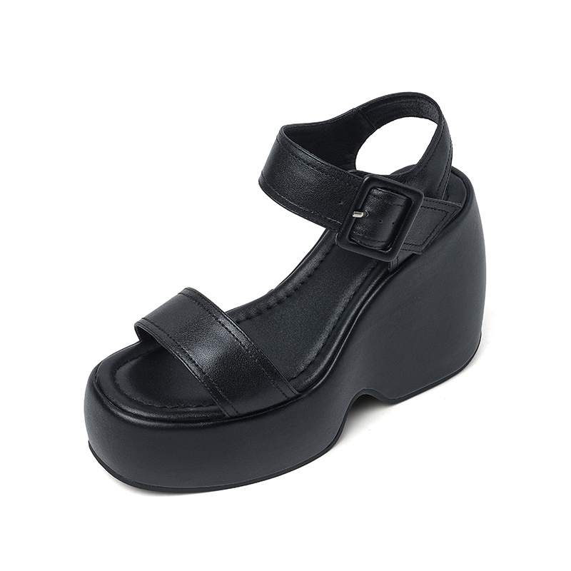 Krazing Pot Cow Leather Peep Toe Thick High Heels Platform Summer Shoes Buckle Straps Casual Waterproof Women Sandals