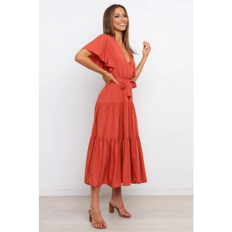 2025 Summer V-neck Short Sleeved Casual Dress Elegant Women Commuter Lace-up Waist Office Casual Party A-line Dresses Female Women's Clothing