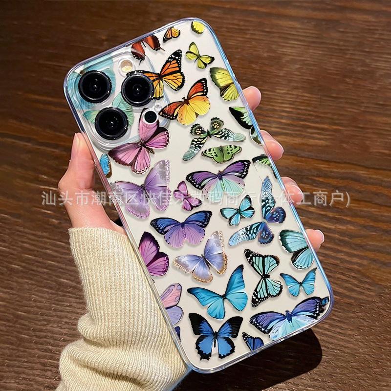 Colorful butterfly iPhone16ProMax/15/14/13 series mobile phone case 11/12 transparent 17ProMax soft
