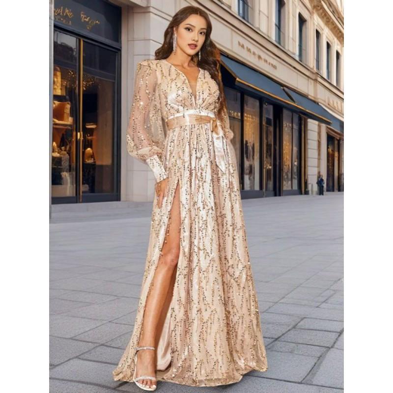 Elegant V-Neck Sequin Mesh Maxi Dress