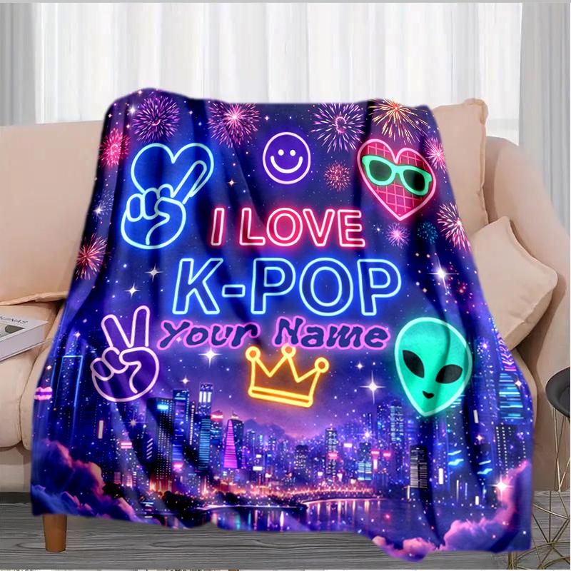 1PC Custom Name K-Pop Neon Celebration Blanket Versatile,all-season Throw Suitable for the Living Room,bedroom,camping,travel,and Gift