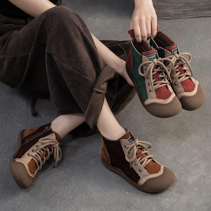 Johnature Mixed Color Genuine Leather Lightweight Comfortable Ankle Boots Retro Versatile Warm Women's Shoes