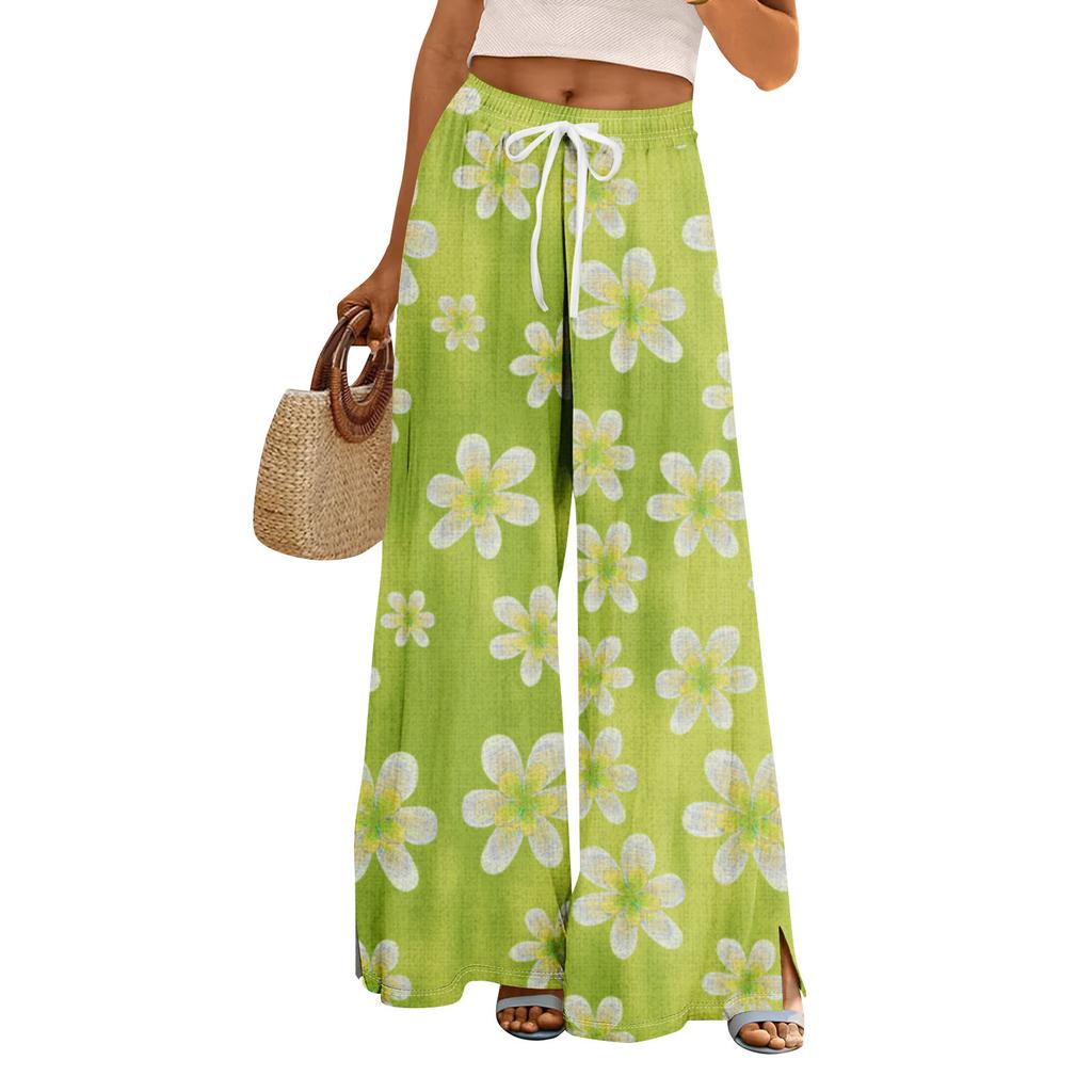 Women Summer Boho Palazzo Pants High Waist Wide Leg Floral Printing Casual Trousers With Pockets