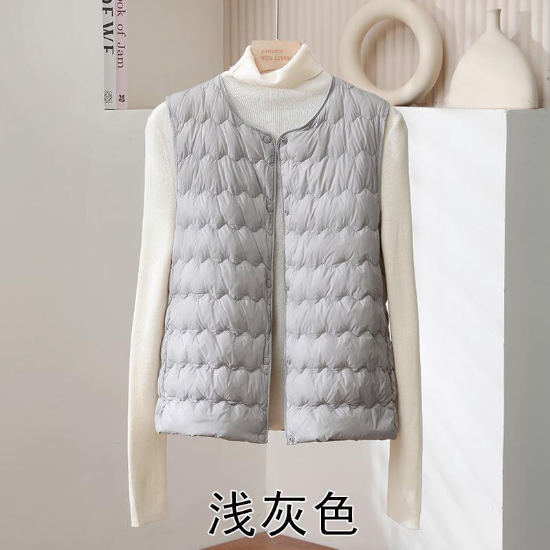 Women's Sleeveless Down Vest Round Neck Lightweight White Duck Down Warm Puffer Gilet Inner Wear Vest