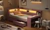 Gepolstertes 90x200 Tagesbett mit USB-Anschlüssen und LED-Streifen, mit Schreibtisch und 2 Schubladen, Pink