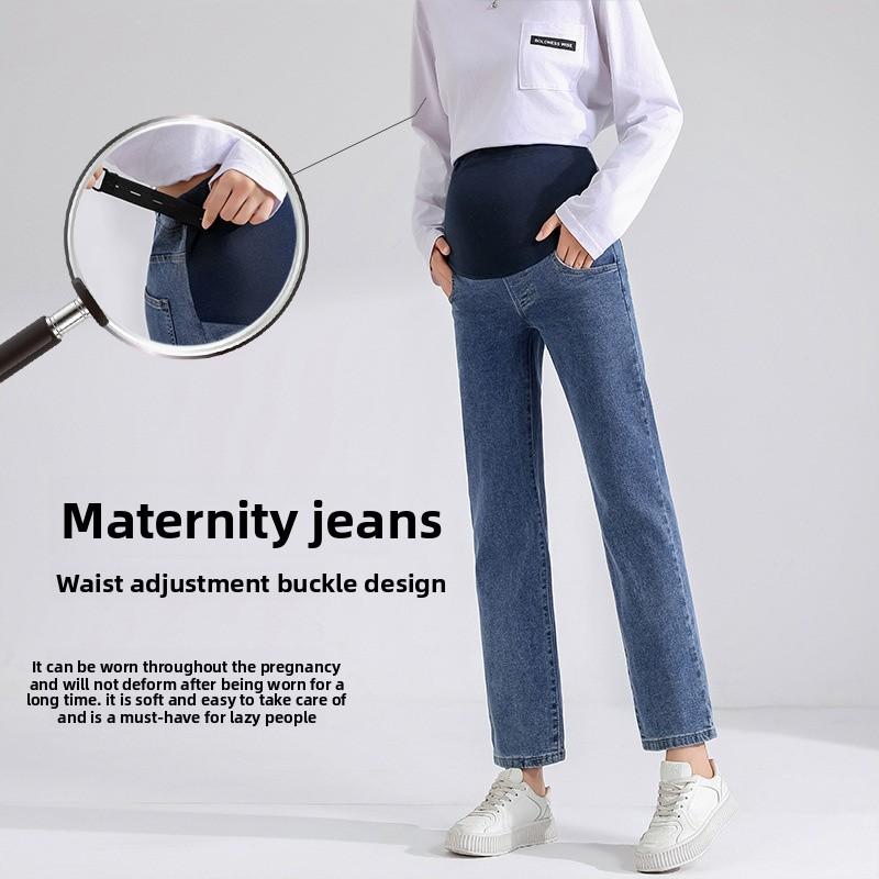 2026 Spring and Autumn Maternity Jeans for Outerwear, High-Waisted, Belly Support, Cropped Straight-Leg Slimming Pants