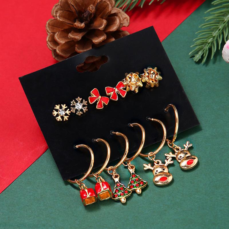 Christmas stud earrings combination new cartoon holiday alloy dripping elk old man bell earrings set