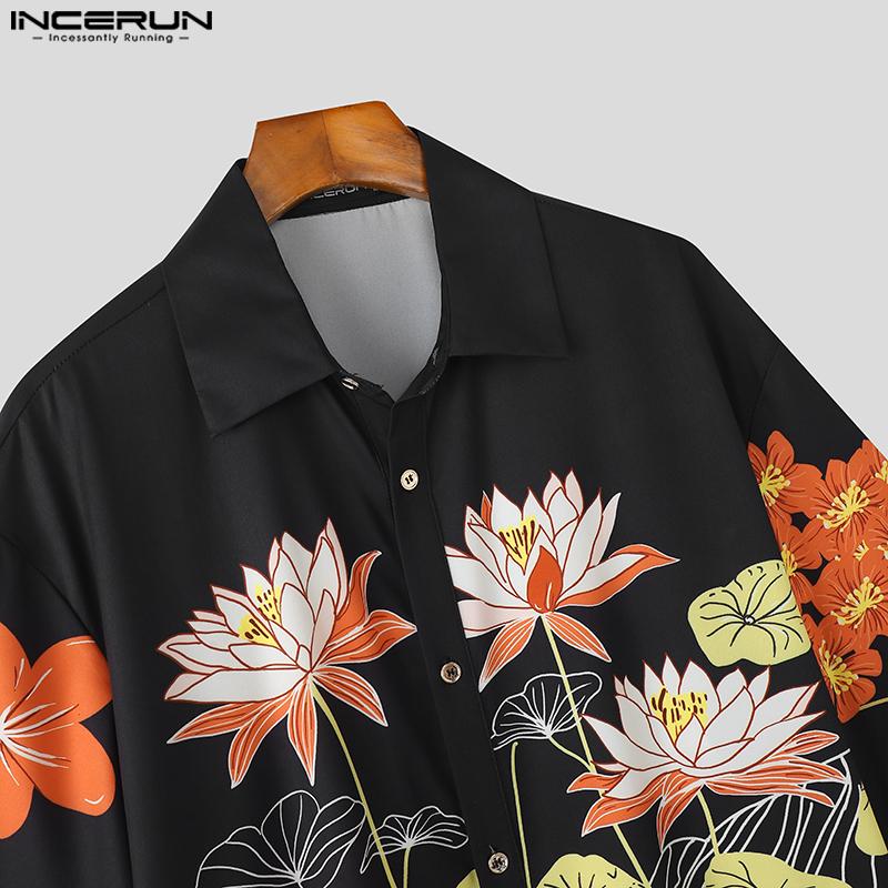 INCERUN Cămăși Topuri Bărbați Casual Largi cu Rever Mânecă Scurtă Imprimeu Floral Supradimensionate