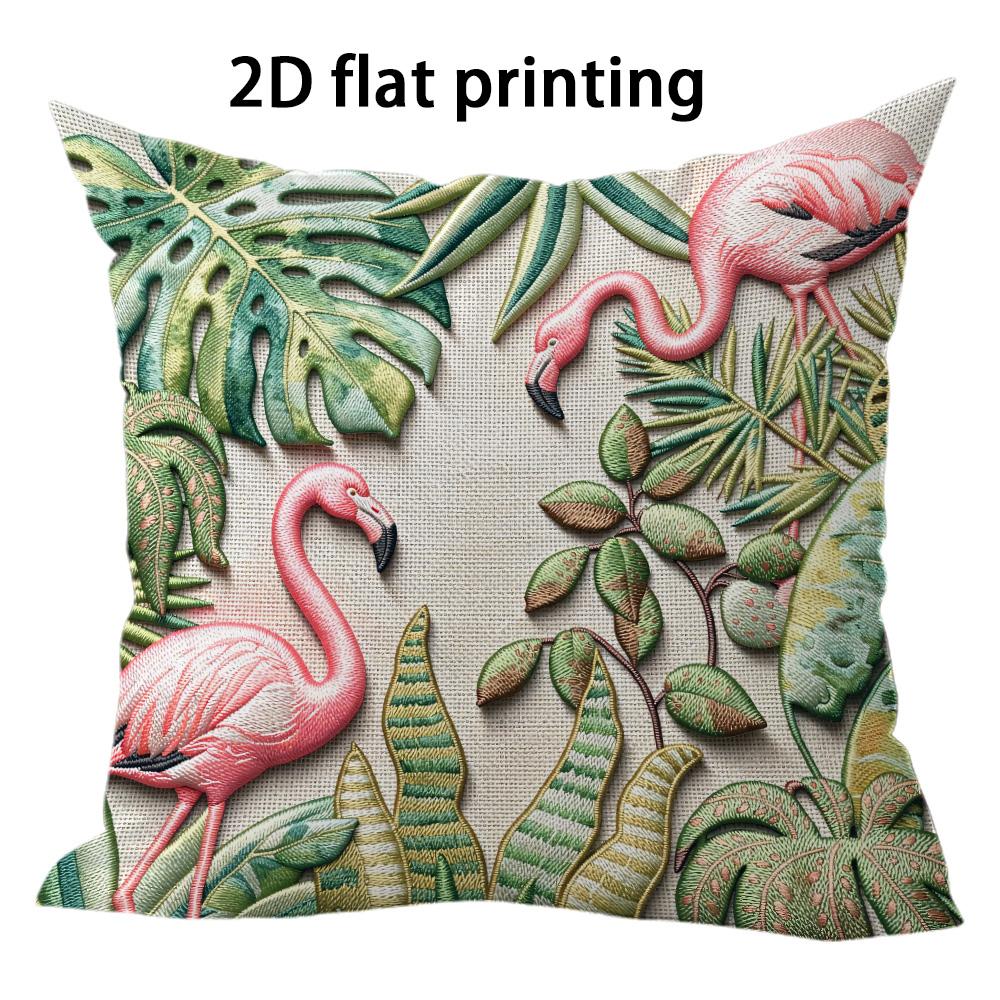 Green Plant Flamingo Pattern Double-sided Printed Pillow Cover Short Plush Suitable Living Rooms Bedrooms Throw Cushion Cover