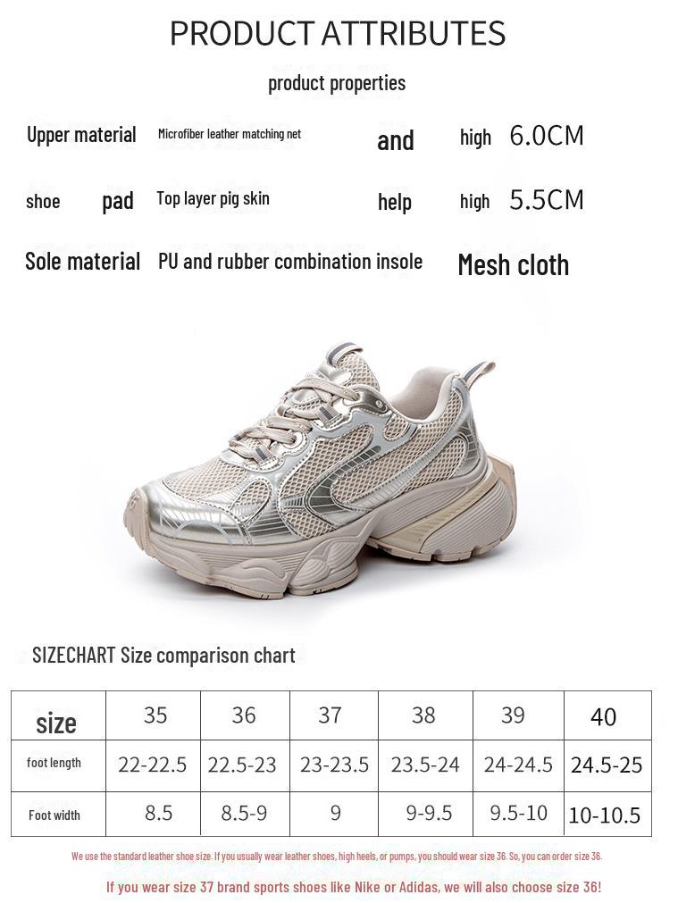 Women's 2024 Spring Fashion Height-Enhancing Breathable Mesh Dad Shoes: Versatile Soft-Soled Thick-Sole Casual Sports Footwear