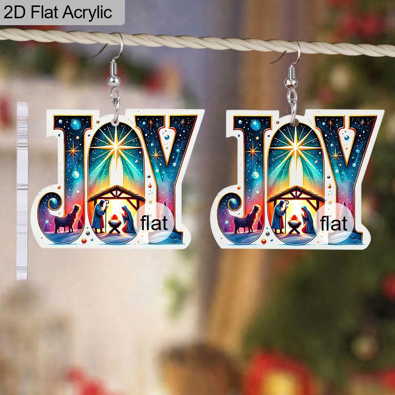 2D Flat JOY Nativity Scene Pattern Christmas Christian Spirit Religious Painting Acrylic Earring Jewelry for Women Female