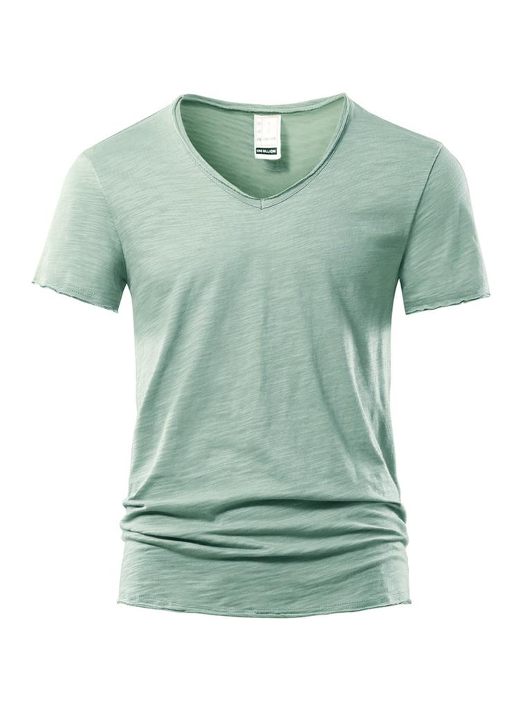 Sommer Strand Herren T-Shirt V-Ausschnitt Slim Fit Reine Farbe Kurzarm Baumwolle Top T-Shirts Männlich Fitness