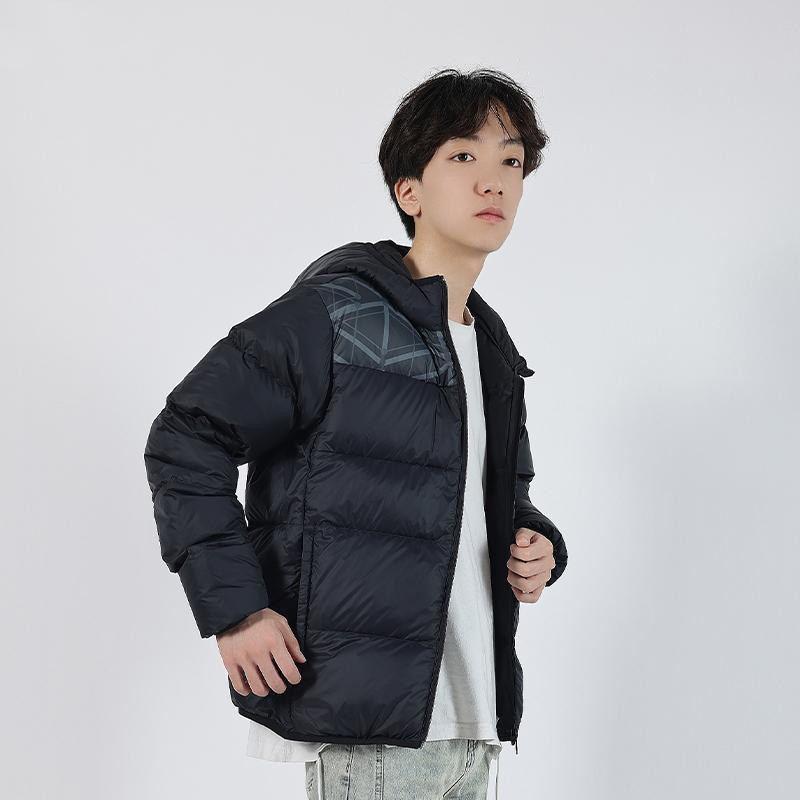 Li Ning Stolní tenisová série Teplá Větruodolná Barevný blok Tištěné logo Bunda s kapucí Krátká péřová bunda Unisex Bunda Černá AYMT023-2