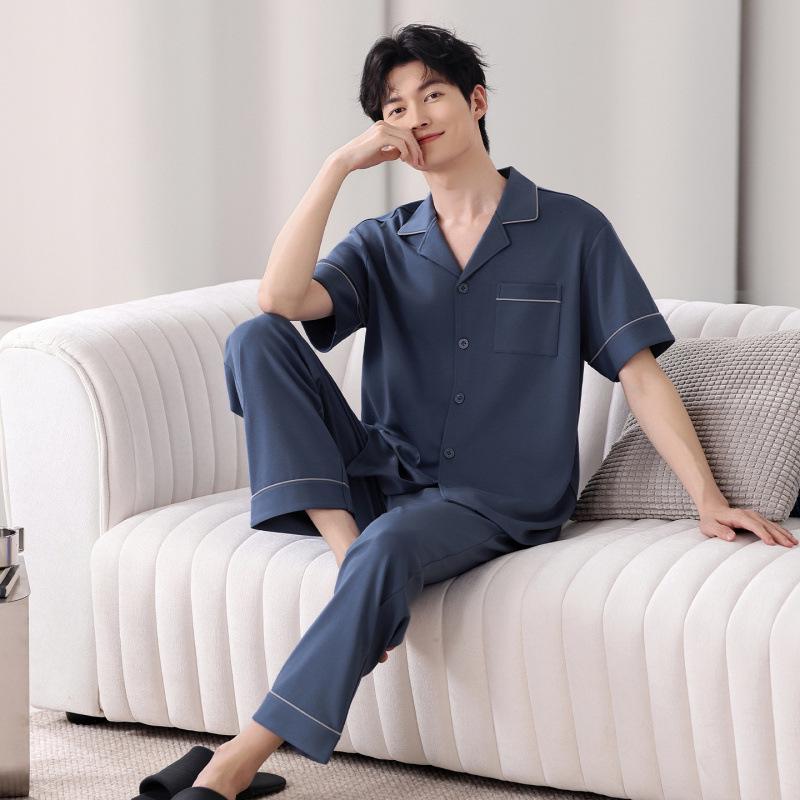 Men's 100% Cotton Summer Pajama Set: Loose Short Sleeve Top & Long Pants for Middle-Aged Dads, Plus Size, High-End Comfort Home Wear
