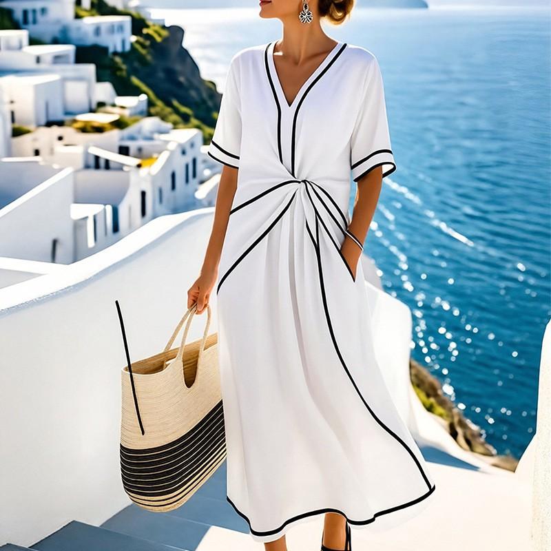 Women European American Dress Elegant Temperament Lace V-neck