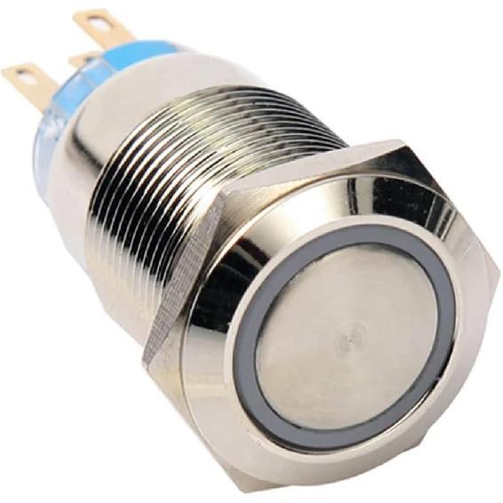 19S Ring LED 19mm Stainless Steel ON Off Flat Head resettable 12V Ring led 1NO1NC Push Button Switch(Blue LED,12V)