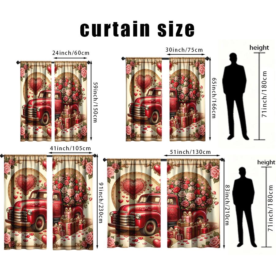 2 Stück Retro Rotes Auto Liebe Blumenarrangement Vorhang   Amerikanischer Süßer Element Stil   Schlafzimmer und Wohnzimmer   Raffbandtaschen-Stil