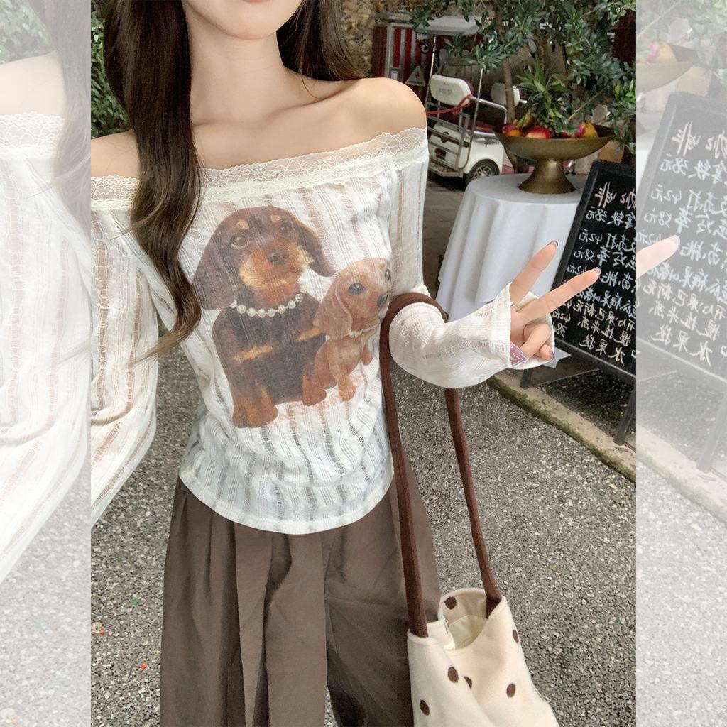 One-word Collar Cute Puppy Print Off-shoulder Long-sleeved T-shirt Women's Early Autumn New Pleated Lace Slanted Shoulder Top
