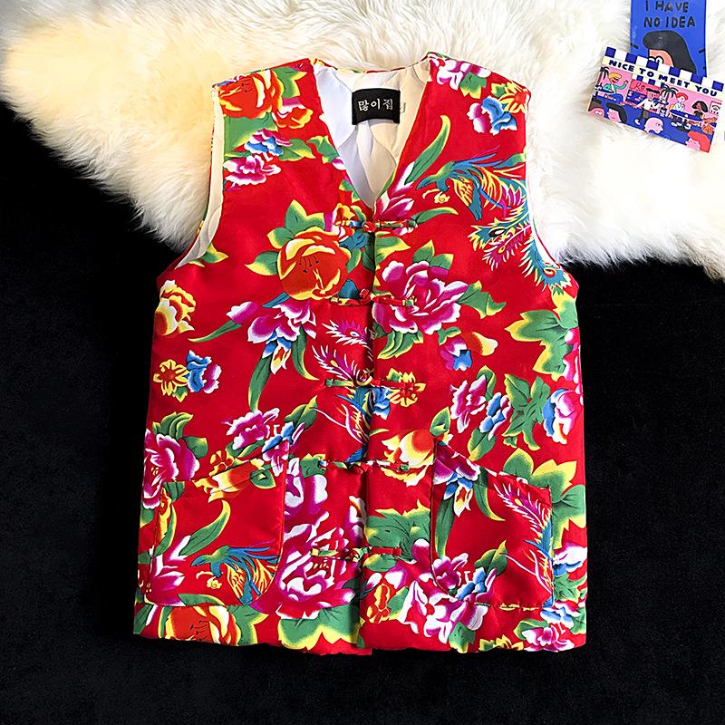 

Unisex Plus Size Festive Northeast Floral Cotton Vest: Chinese Style Team Uniform & Wedding Attire M